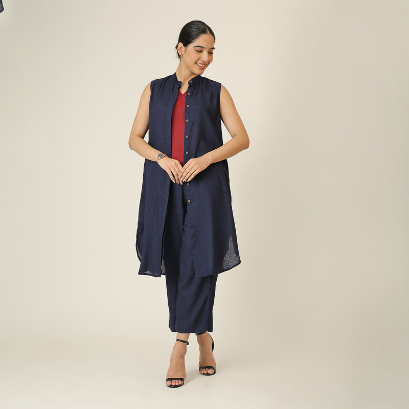 Dahlia Sleeveless Long Shirt - Navy Blue
