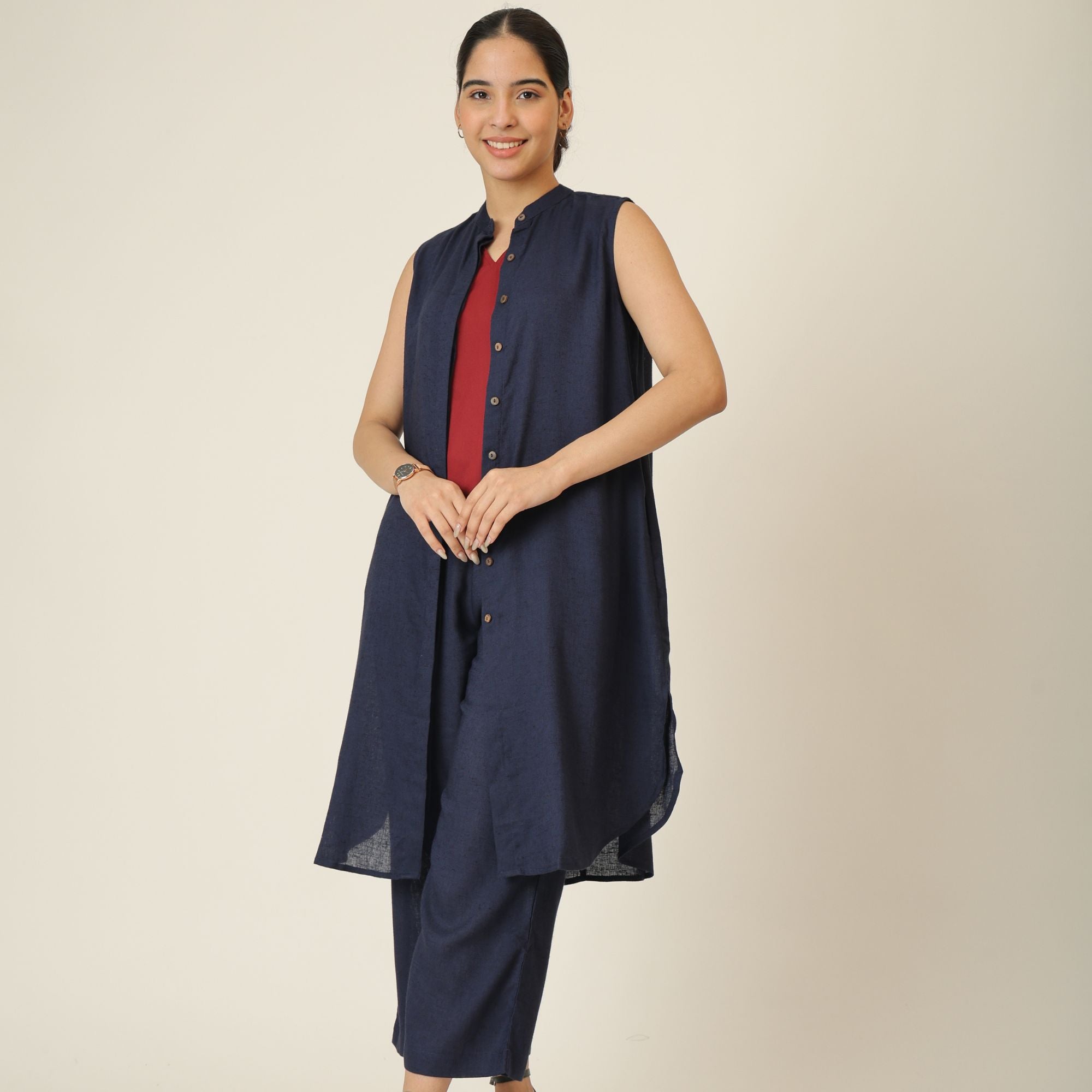 Wendy Set Of 3 - Sleeveless Shrug,Top & Pants - Navy Blue & Maroon