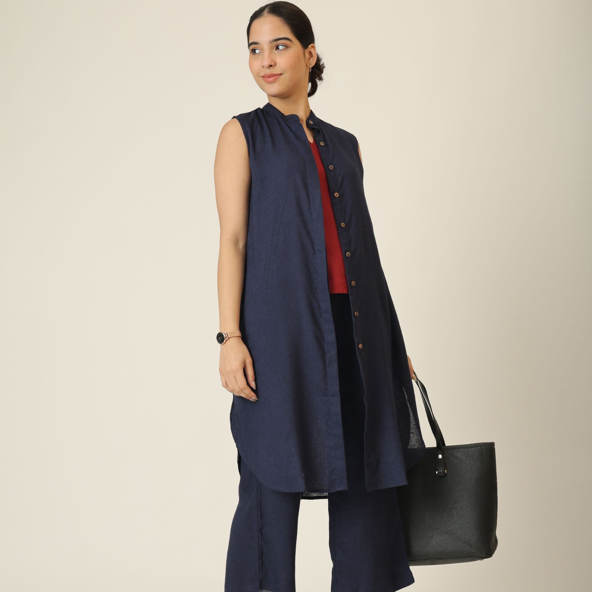 Wendy Set Of 3 - Sleeveless Shrug,Top & Pants - Navy Blue & Maroon