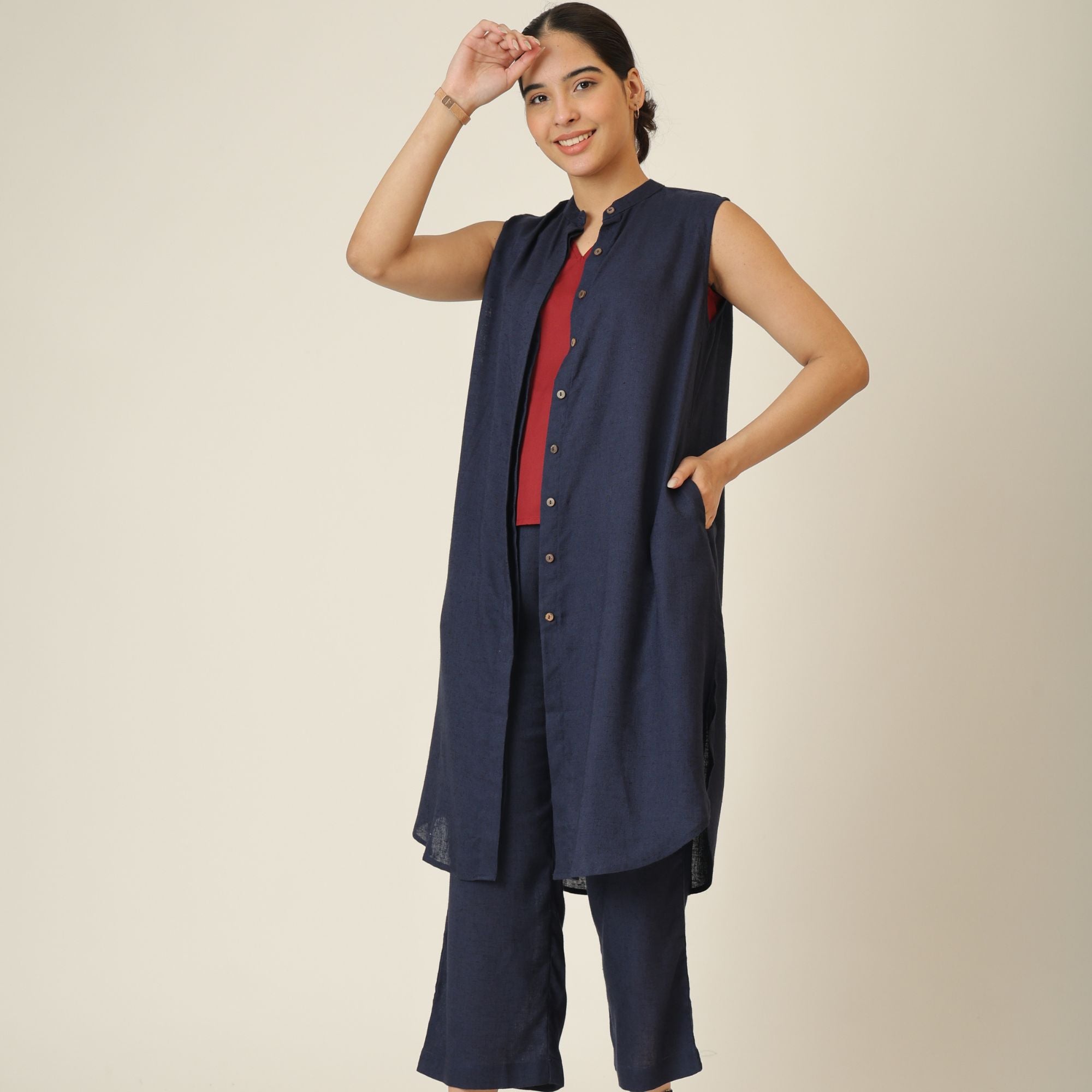 Wendy Set Of 3 - Sleeveless Shrug,Top & Pants - Navy Blue & Maroon