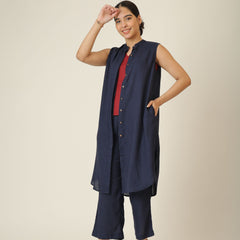 Wendy Set Of 3 - Sleeveless Shrug,Top & Pants - Navy Blue & Maroon