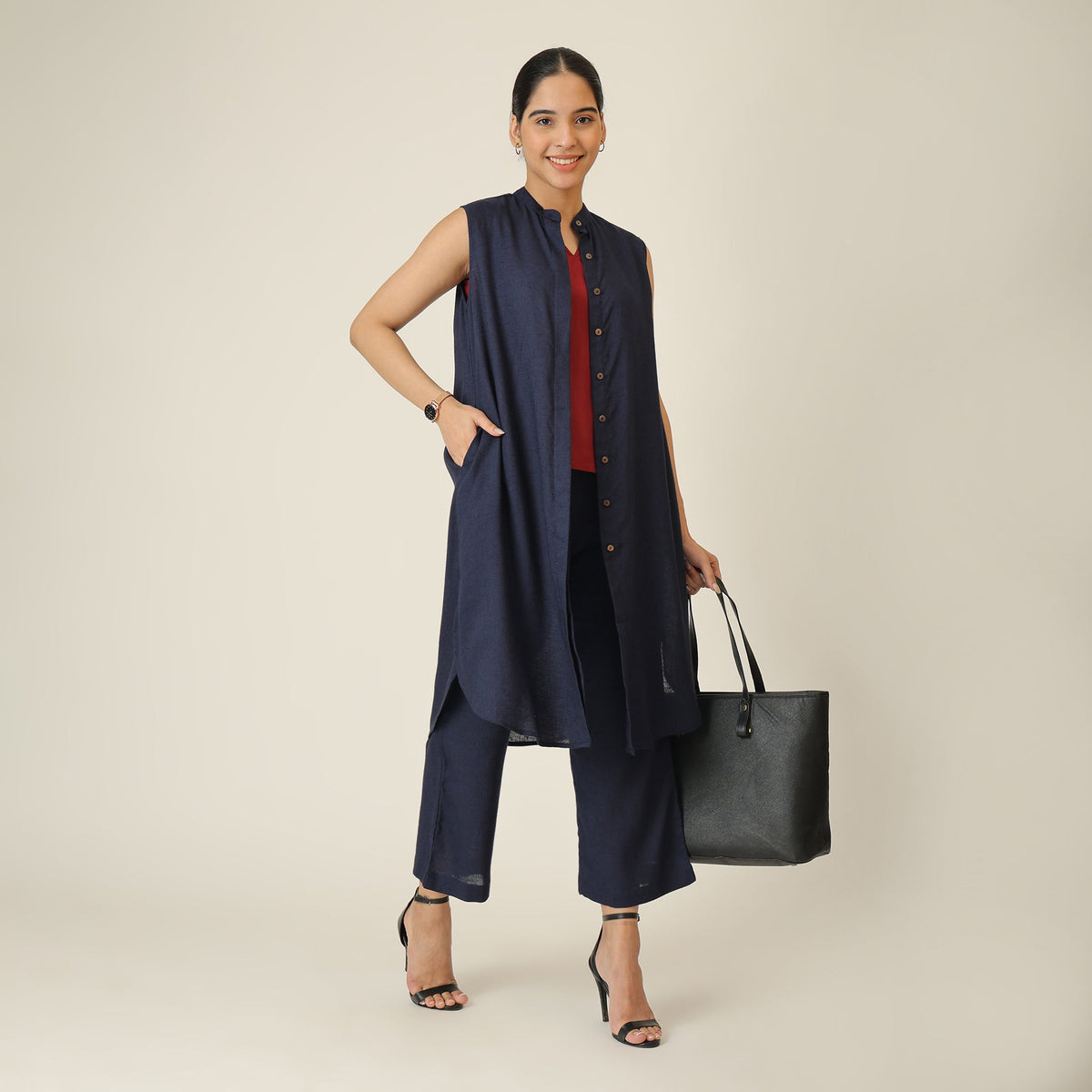 Wendy Set Of 3 - Sleeveless Shrug,Top & Pants - Navy Blue & Maroon