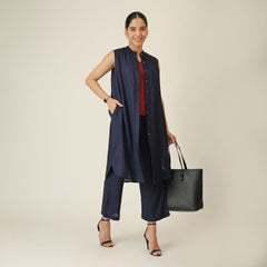 Wendy Set Of 3 - Sleeveless Shrug,Top & Pants - Navy Blue & Maroon