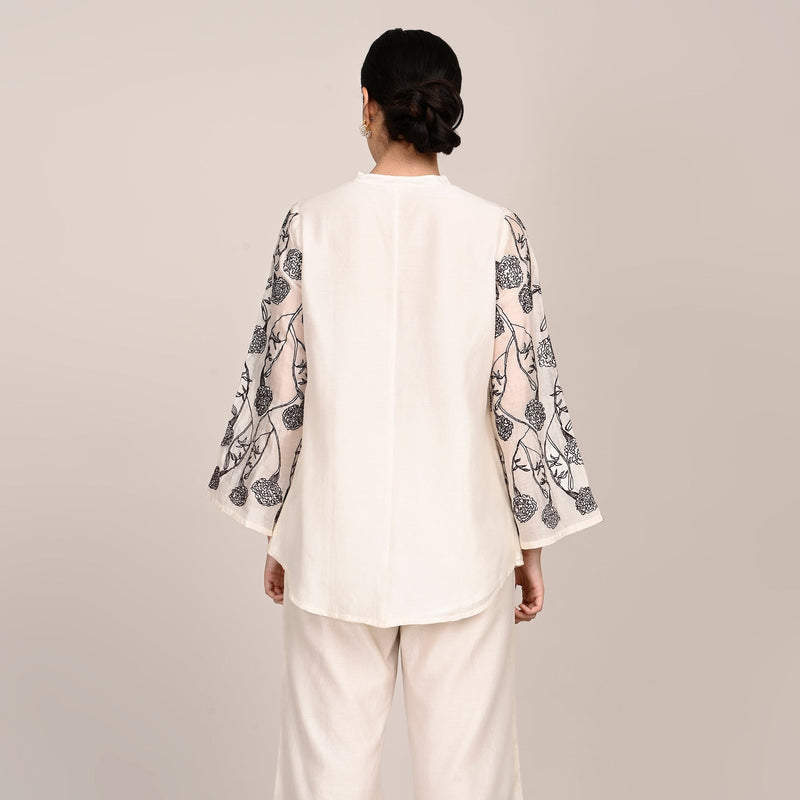Sylvia Tunic - With Hand Embroidered Motif - Limited Edition - Pearl White Chanderi Silk