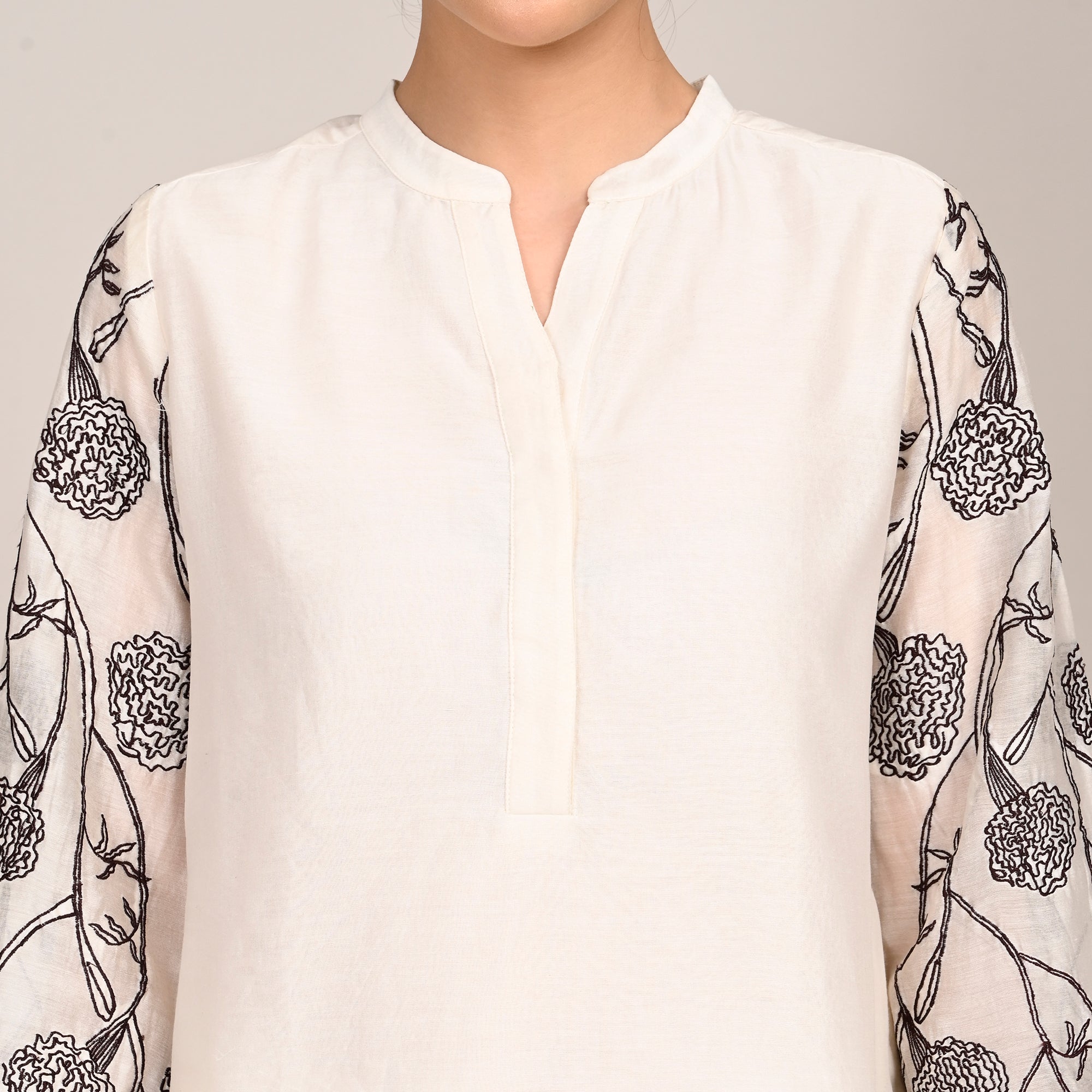 Sylvia Tunic - With Hand Embroidered Motif - Limited Edition - Pearl White Chanderi Silk