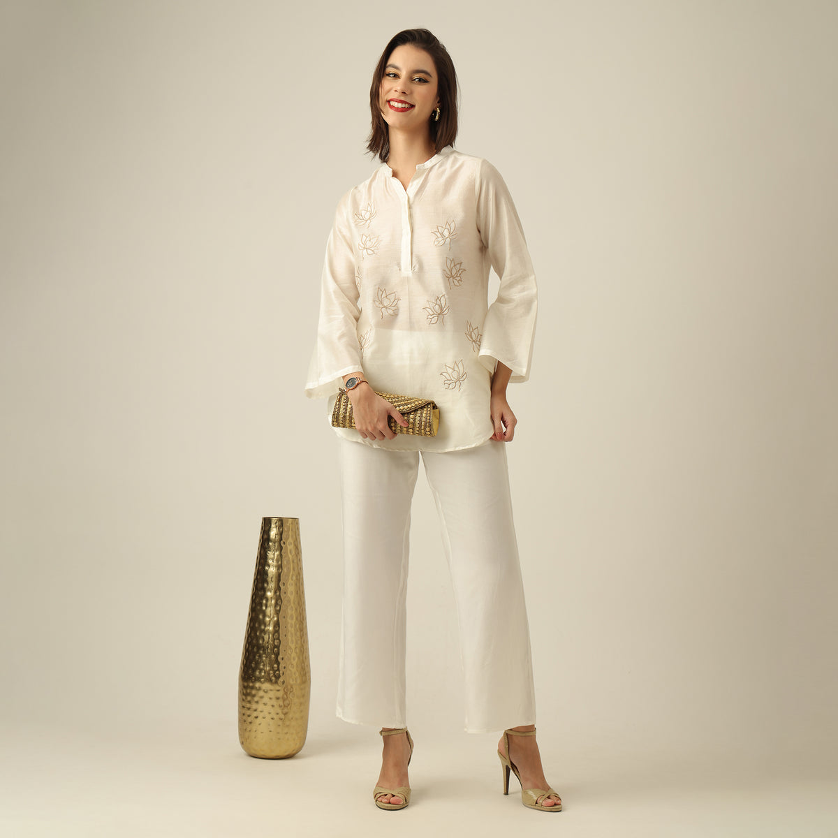 Women Pearl White  Chanderi Silk Bell Sleeve Tunic with Lotus Hand Embroidery & Pants Co-ord set