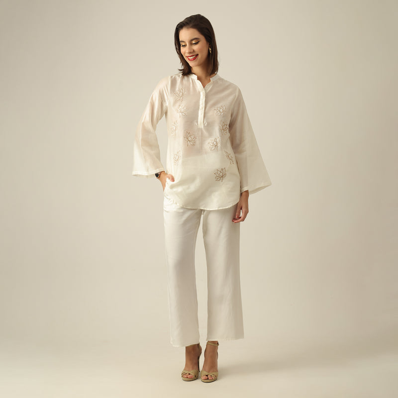 Women Pearl White  Chanderi Silk Bell Sleeve Tunic with Lotus Hand Embroidery & Pants Co-ord set
