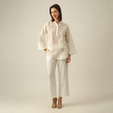 Women Pearl White  Chanderi Silk Bell Sleeve Tunic with Lotus Hand Embroidery & Pants Co-ord set