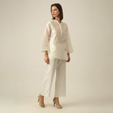 Women Pearl White  Chanderi Silk Bell Sleeve Tunic with Lotus Hand Embroidery & Pants Co-ord set