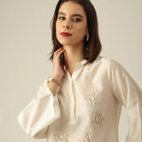Women Pearl White  Chanderi Silk Bell Sleeve Tunic with Lotus Hand Embroidery & Pants Co-ord set