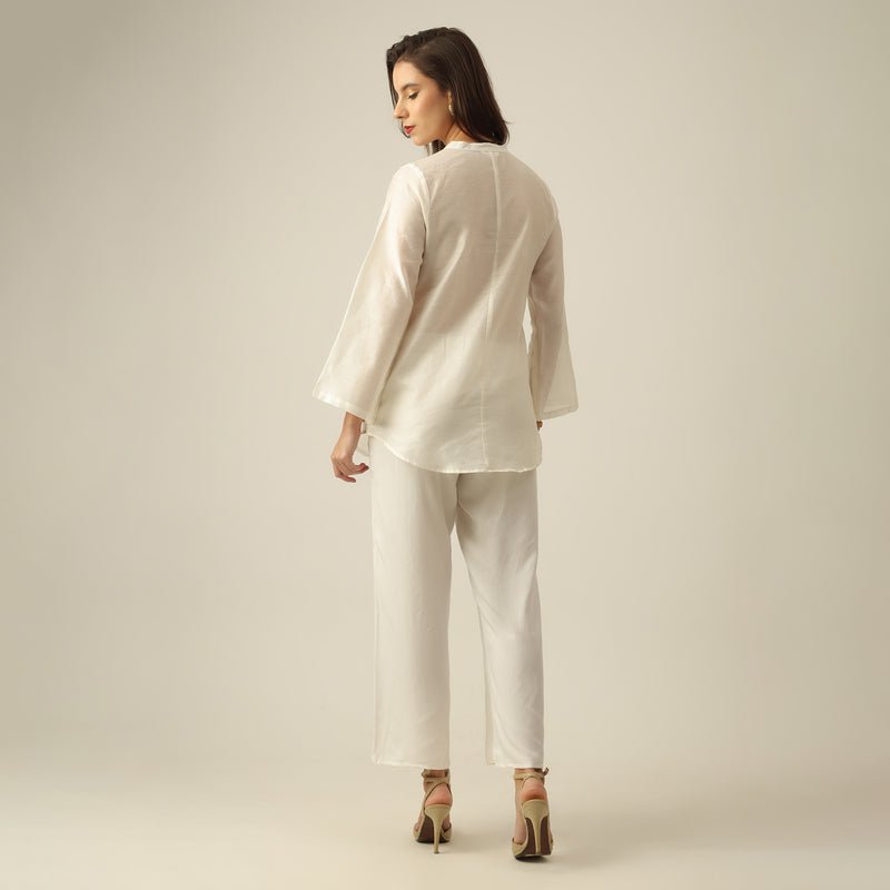 Women Pearl White  Chanderi Silk Bell Sleeve Tunic with Lotus Hand Embroidery & Pants Co-ord set