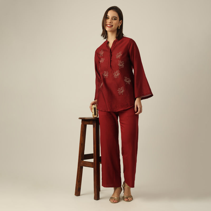 Women Maroon Chanderi Silk Bell Sleeve Tunic with Lotus Hand Embroidery & Pants Co-ord set