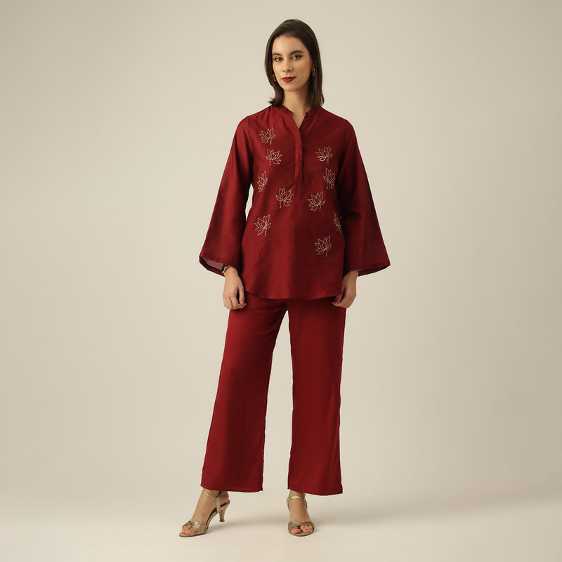 Women Maroon Chanderi Silk Bell Sleeve Tunic with Lotus Hand Embroidery & Pants Co-ord set