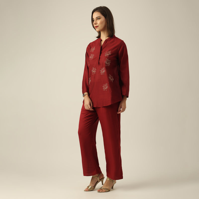 Women Maroon Chanderi Silk Bell Sleeve Tunic with Lotus Hand Embroidery & Pants Co-ord set