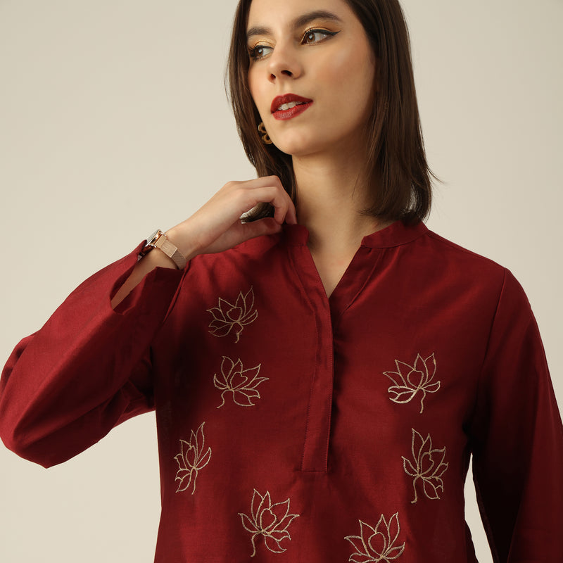 Women Maroon Chanderi Silk Bell Sleeve Tunic with Lotus Hand Embroidery & Pants Co-ord set