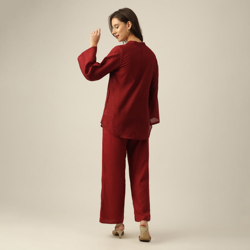 Women Maroon Chanderi Silk Bell Sleeve Tunic with Lotus Hand Embroidery & Pants Co-ord set