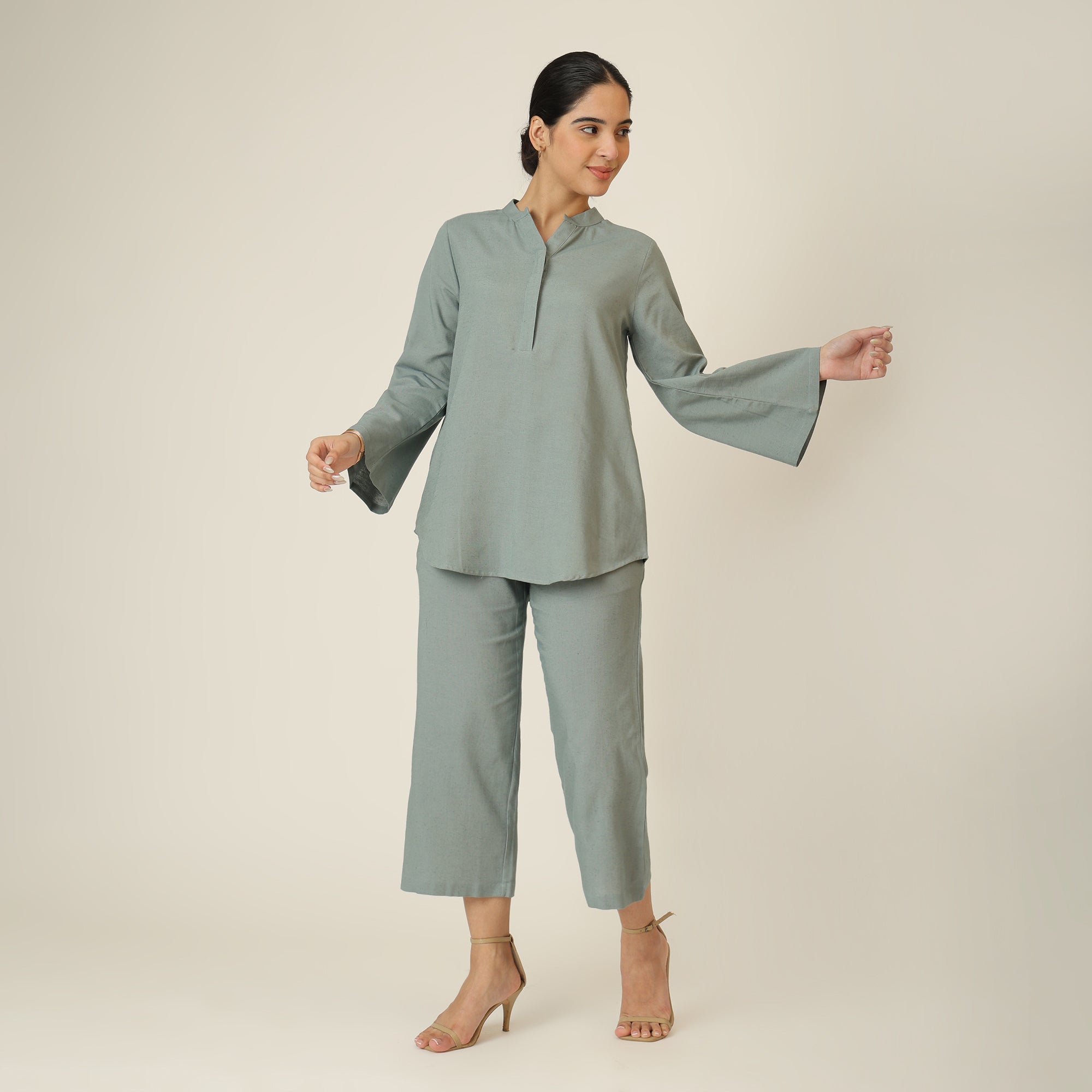Sylvia Co-Ord Set Of 2 - Bell Sleeves Short Tunic & Pants - Agave Green