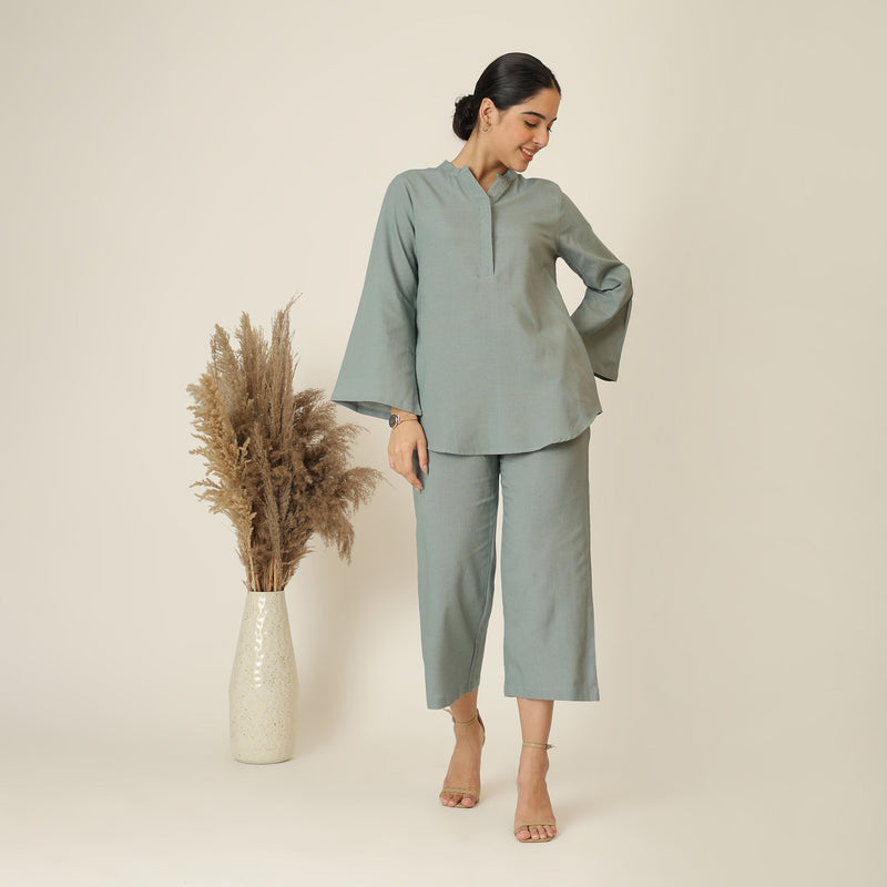 Sylvia Co-Ord Set Of 2 - Bell Sleeves Short Tunic & Pants - Agave Green