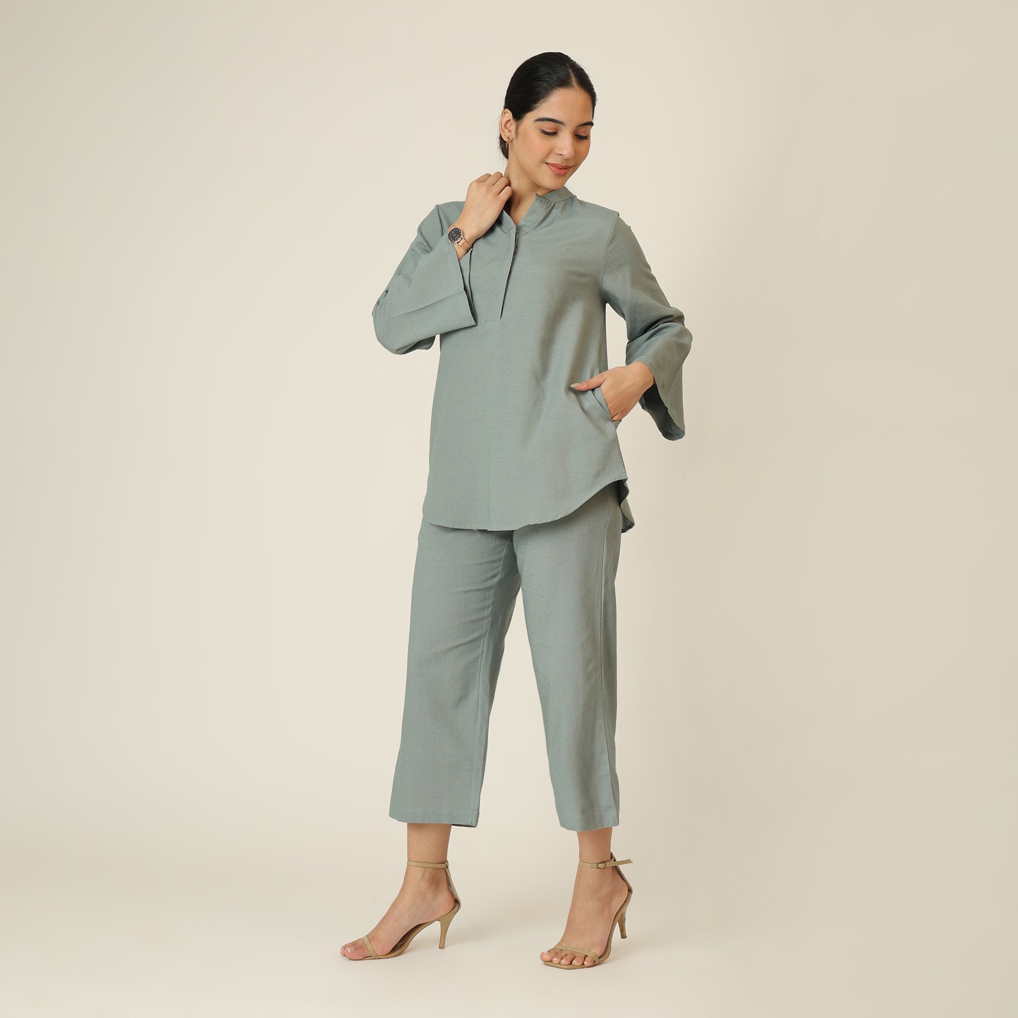 Sylvia Co-Ord Set Of 2 - Bell Sleeves Short Tunic & Pants - Agave Green