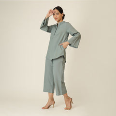 Sylvia Co-Ord Set Of 2 - Bell Sleeves Short Tunic & Pants - Agave Green