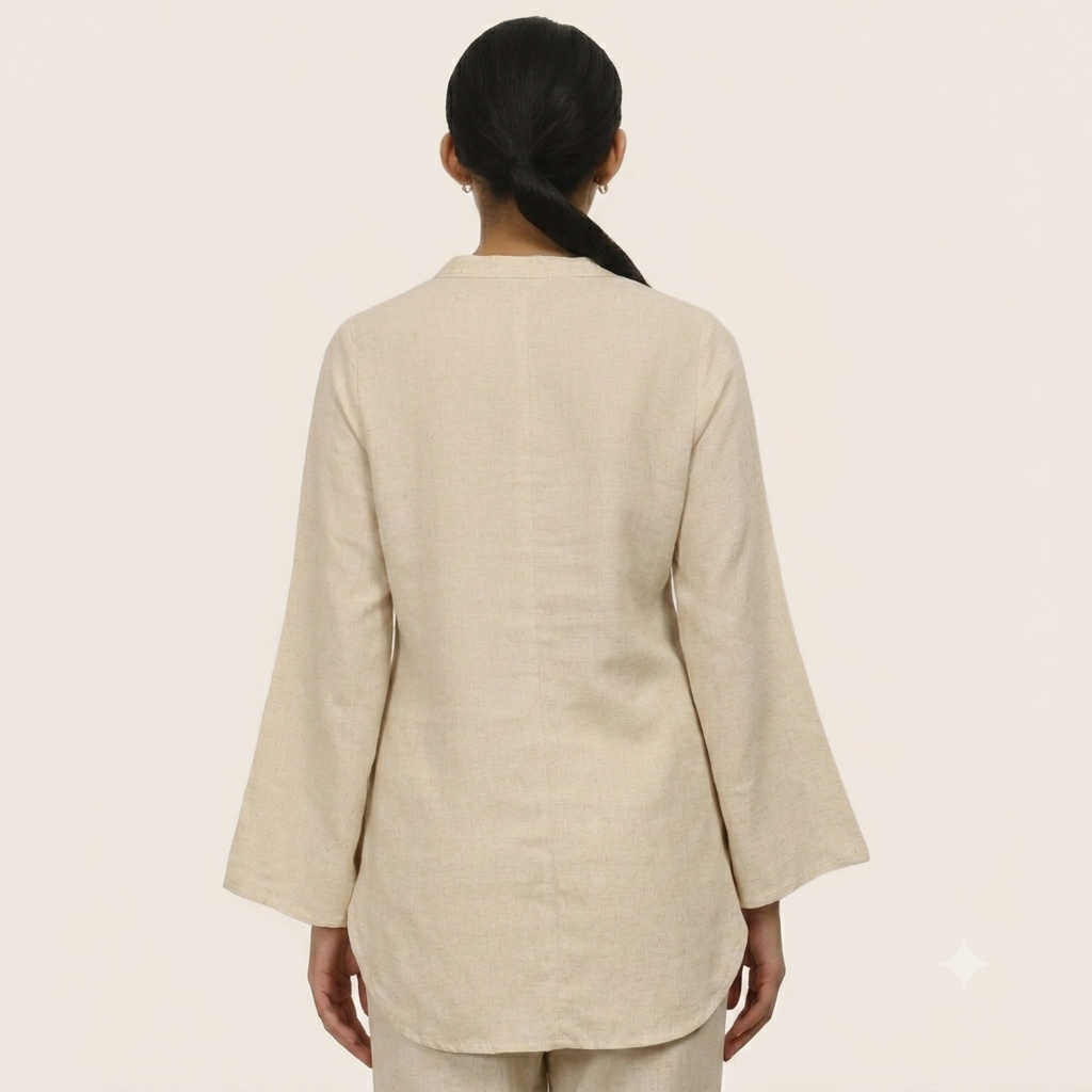 Sylvia Co-Ord Set Of 2 - Bell Sleeves Short Tunic & Pants - Beige