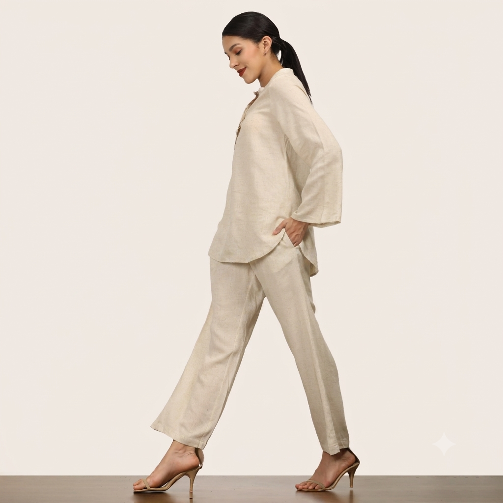 Sylvia Co-Ord Set Of 2 - Bell Sleeves Short Tunic & Pants - Beige