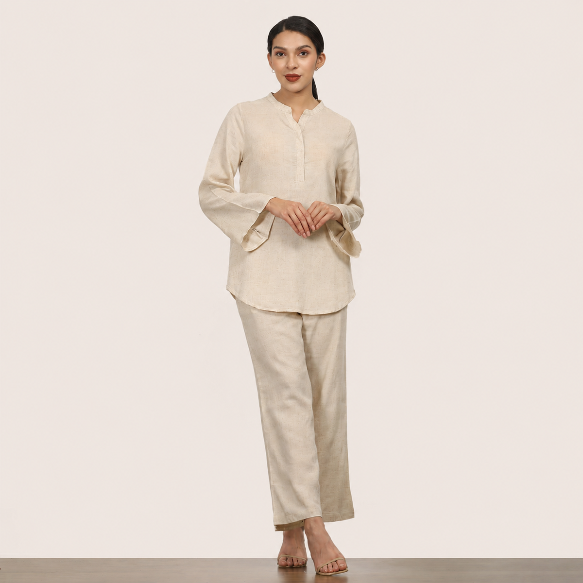 Sylvia Co-Ord Set Of 2 - Bell Sleeves Short Tunic & Pants - Beige