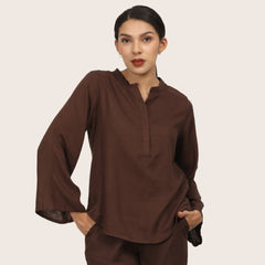 Sylvia Co-Ord Set Of 2 - Bell Sleeves Short Tunic & Pants - Coffee