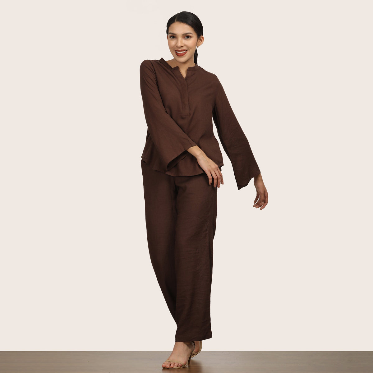 Sylvia Co-Ord Set Of 2 - Bell Sleeves Short Tunic & Pants - Coffee