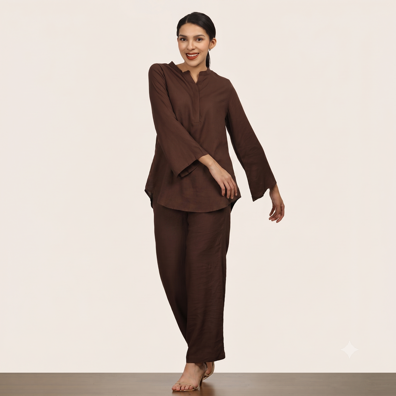 Sylvia Co-Ord Set Of 2 - Bell Sleeves Short Tunic & Pants - Coffee