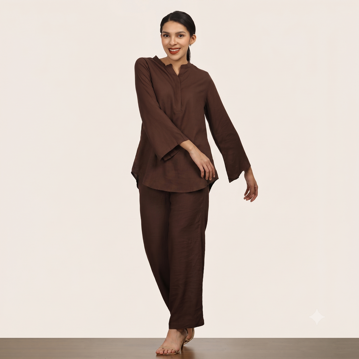 Sylvia Co-Ord Set Of 2 - Bell Sleeves Short Tunic & Pants - Coffee