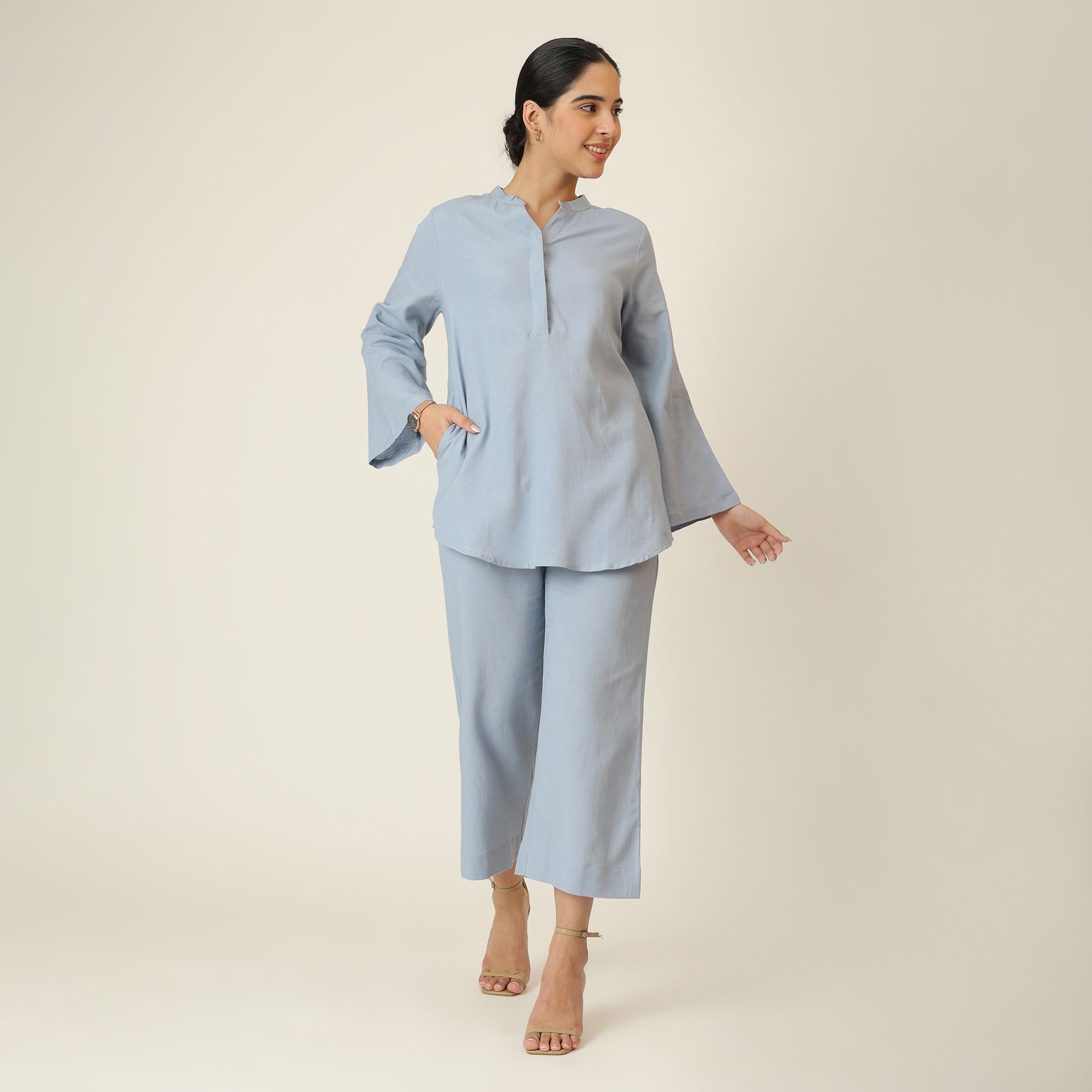 Sylvia Co-Ord Set Of 2 - Bell Sleeves Short Tunic & Pants - Dusty Blue