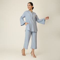 Sylvia Co-Ord Set Of 2 - Bell Sleeves Short Tunic & Pants - Dusty Blue