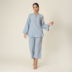 Sylvia Co-Ord Set Of 2 - Bell Sleeves Short Tunic & Pants - Dusty Blue