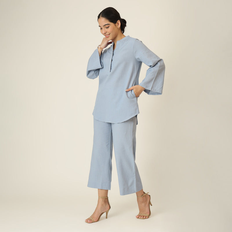 Sylvia Co-Ord Set Of 2 - Bell Sleeves Short Tunic & Pants - Dusty Blue