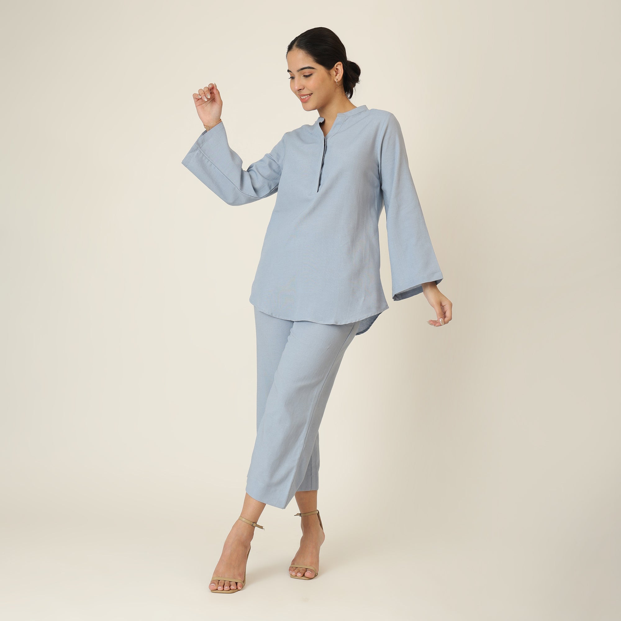 Sylvia Co-Ord Set Of 2 - Bell Sleeves Short Tunic & Pants - Dusty Blue