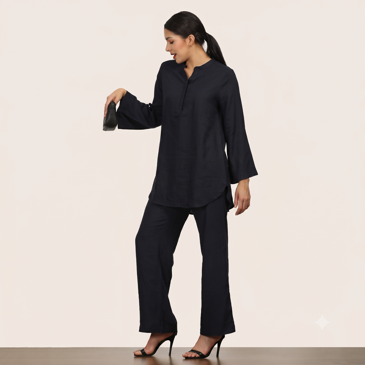 Sylvia Co-Ord Set Of 2 - Bell Sleeves Short Tunic & Pants - Navy