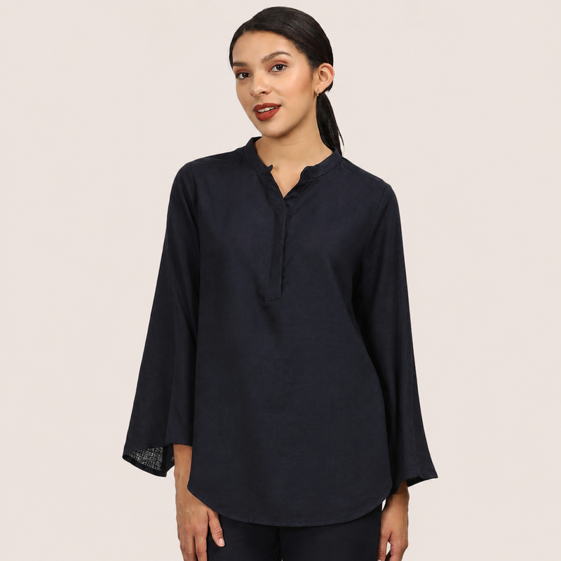 Sylvia Co-Ord Set Of 2 - Bell Sleeves Short Tunic & Pants - Navy