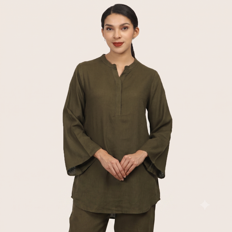 Sylvia Co-Ord Set Of 2 - Bell Sleeves Short Tunic & Pants - Olive