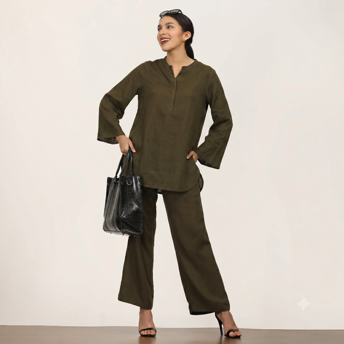 Sylvia Co-Ord Set Of 2 - Bell Sleeves Short Tunic & Pants - Olive