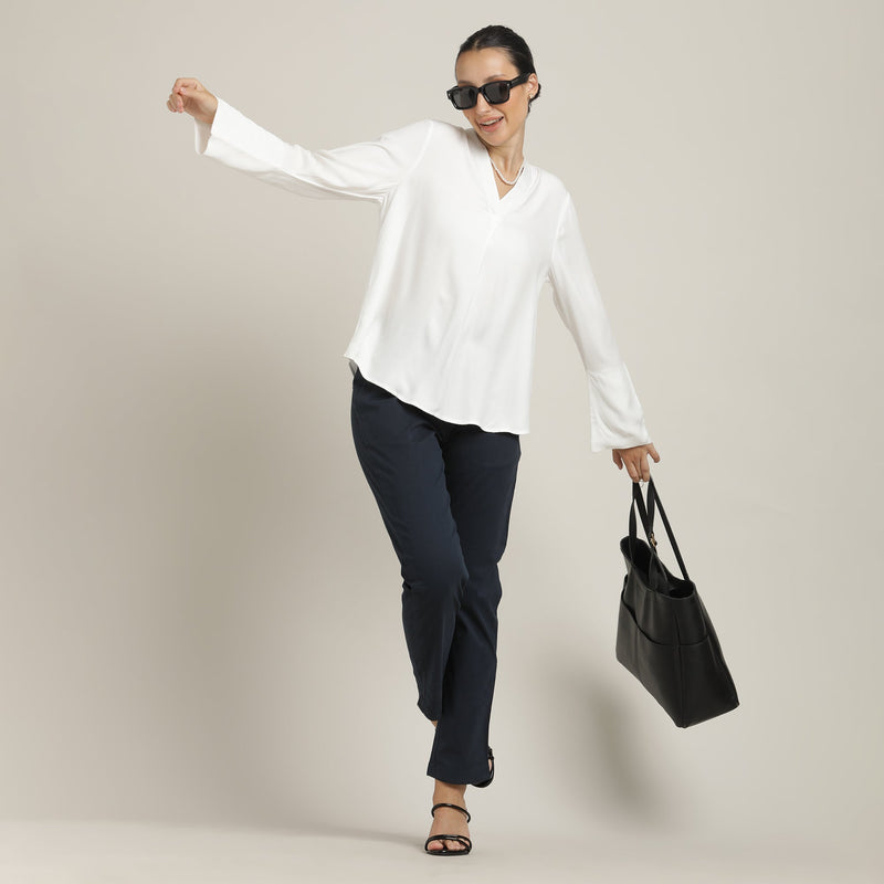 Bella Set Of 2 - Bell Sleeves Top & Chinos - Ecru & Navy Blue