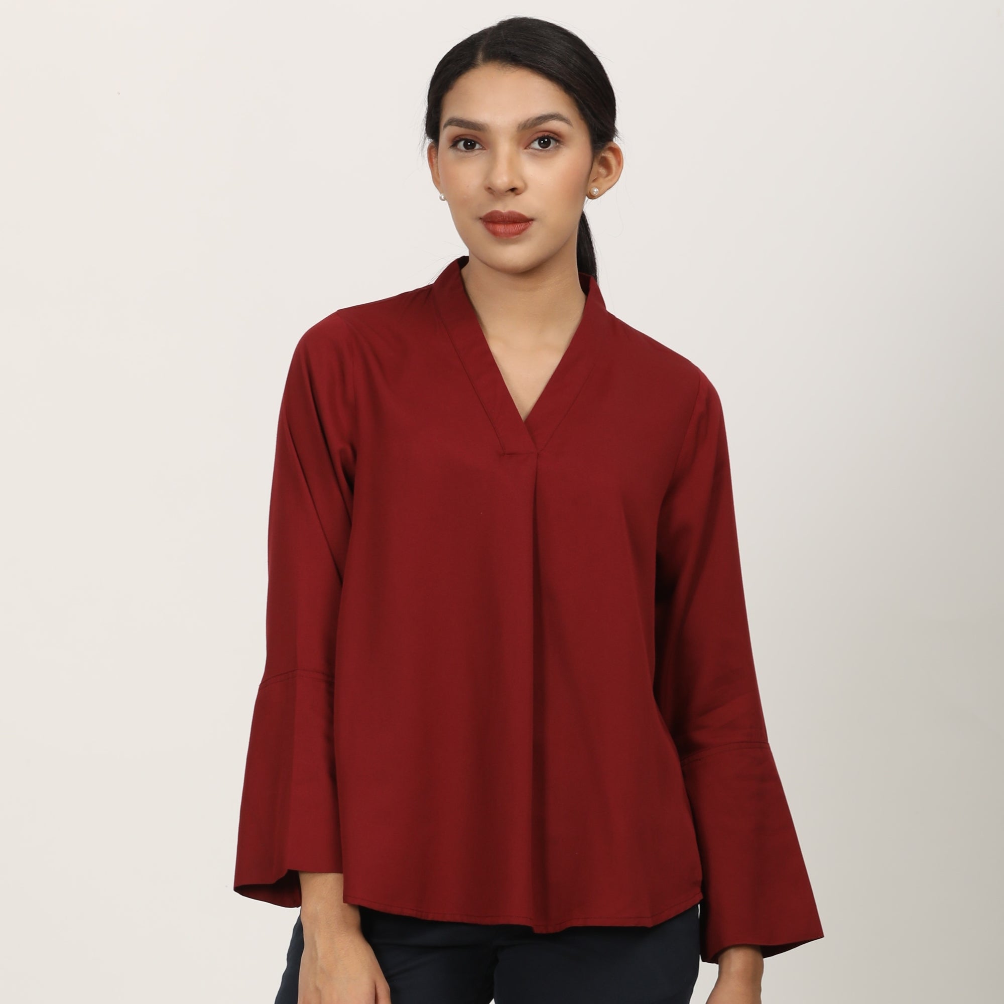 Bella Set Of 2 - Bell Sleeves Top & Chino Pants - Maroon & Navy