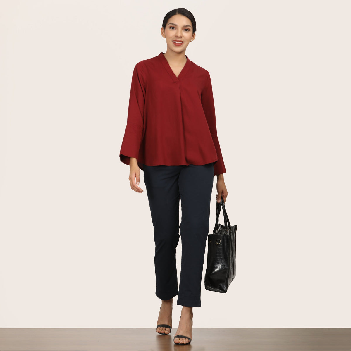 Bella Set Of 2 - Bell Sleeves Top & Chino Pants - Maroon & Navy