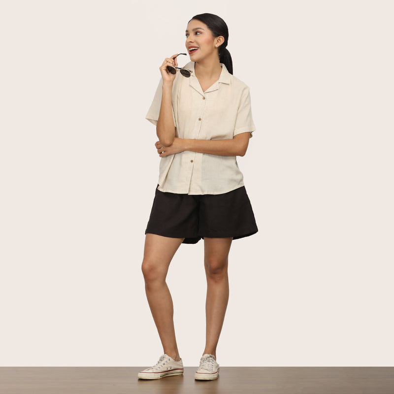 Cuban Co-ord Set Of 2 - Shirt & Shorts - Beige & Coffee