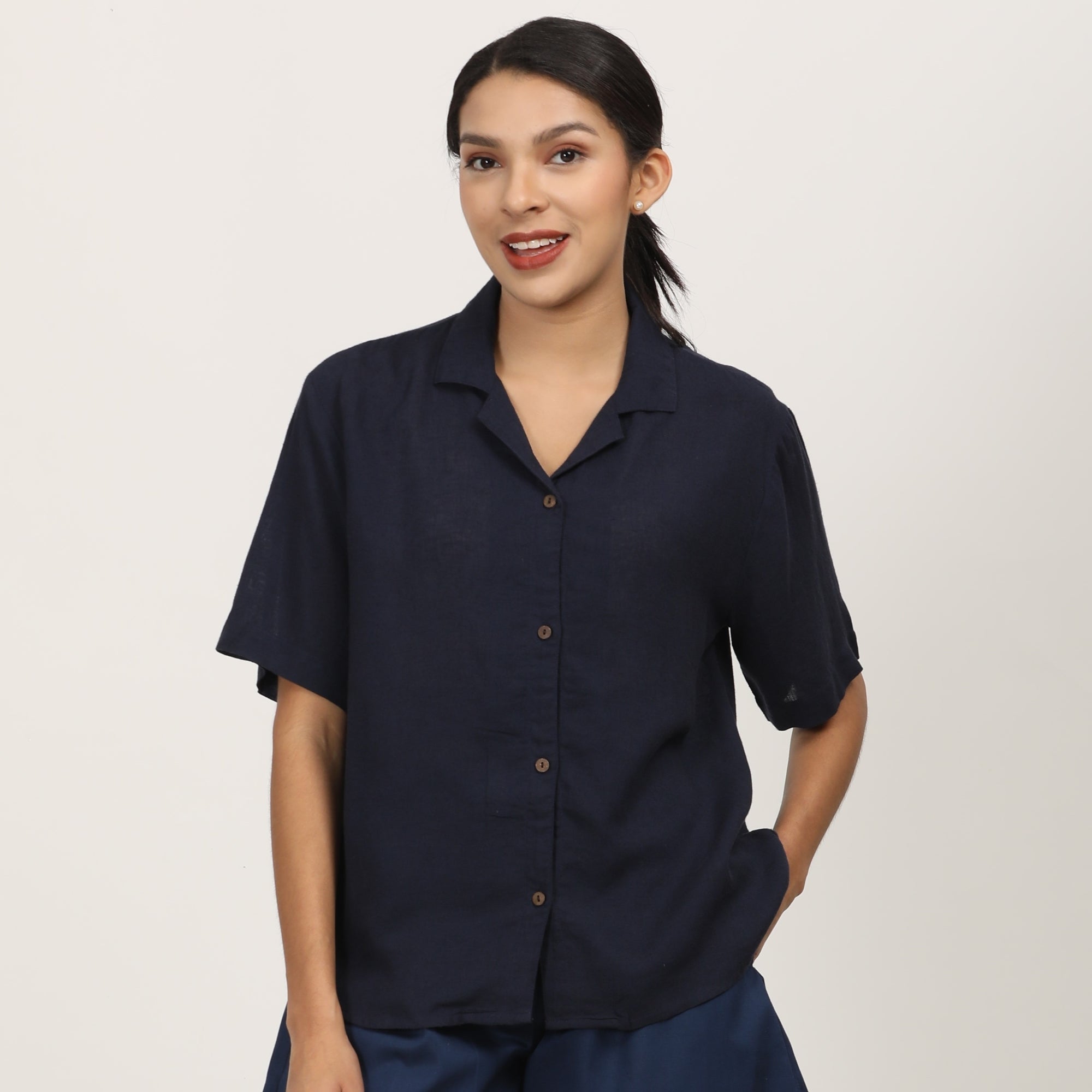 Cuban Co-ord Set Of 2 - Shirt & Shorts - Navy Blue