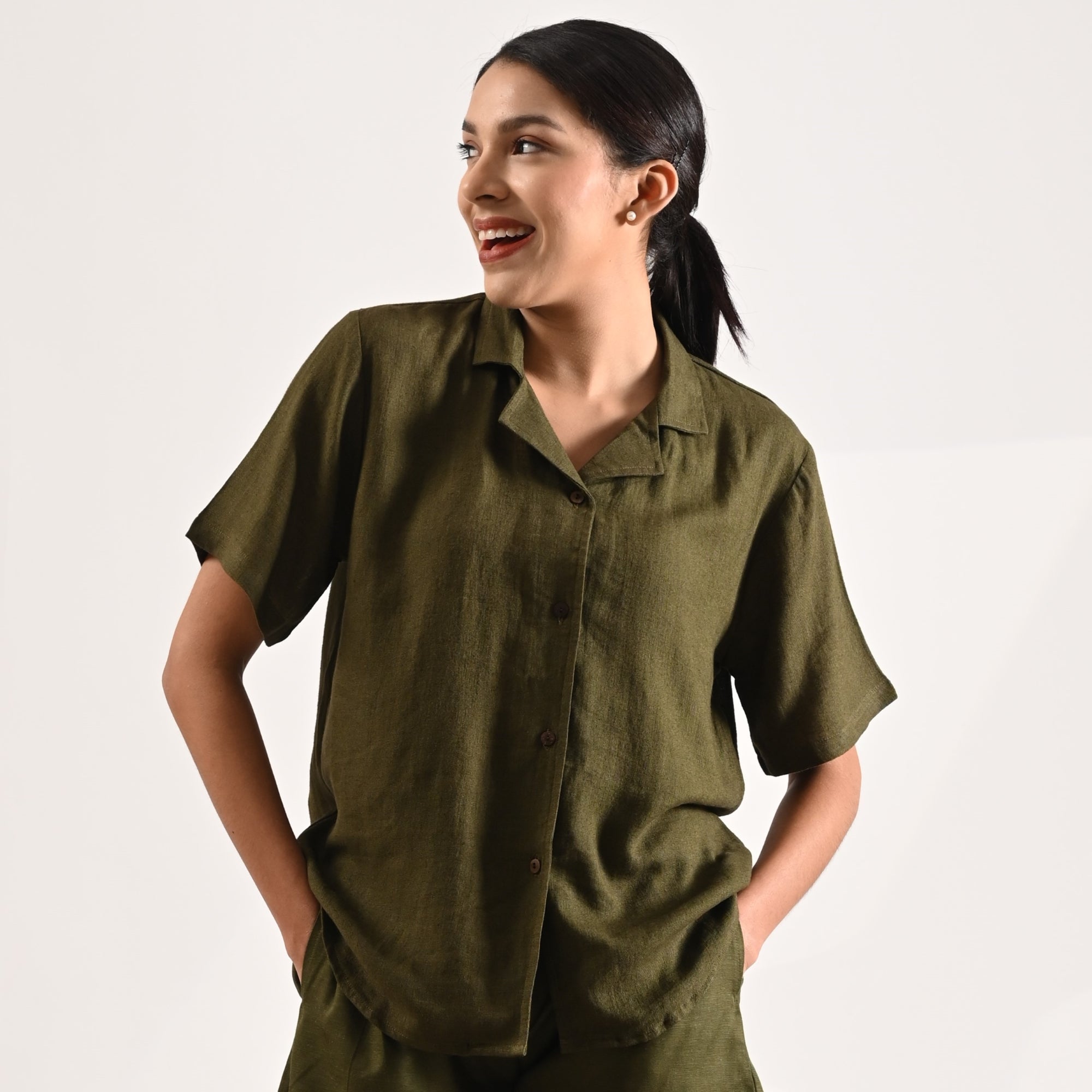 Cuban Co-ord Set Of 2 - Shirt & Shorts - Olive Green