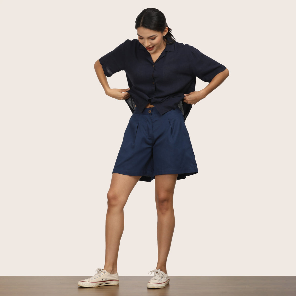 Cuban Co-ord Set Of 2 - Shirt & Shorts - Navy Blue