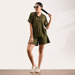 Cuban Co-ord Set Of 2 - Shirt & Shorts - Olive Green