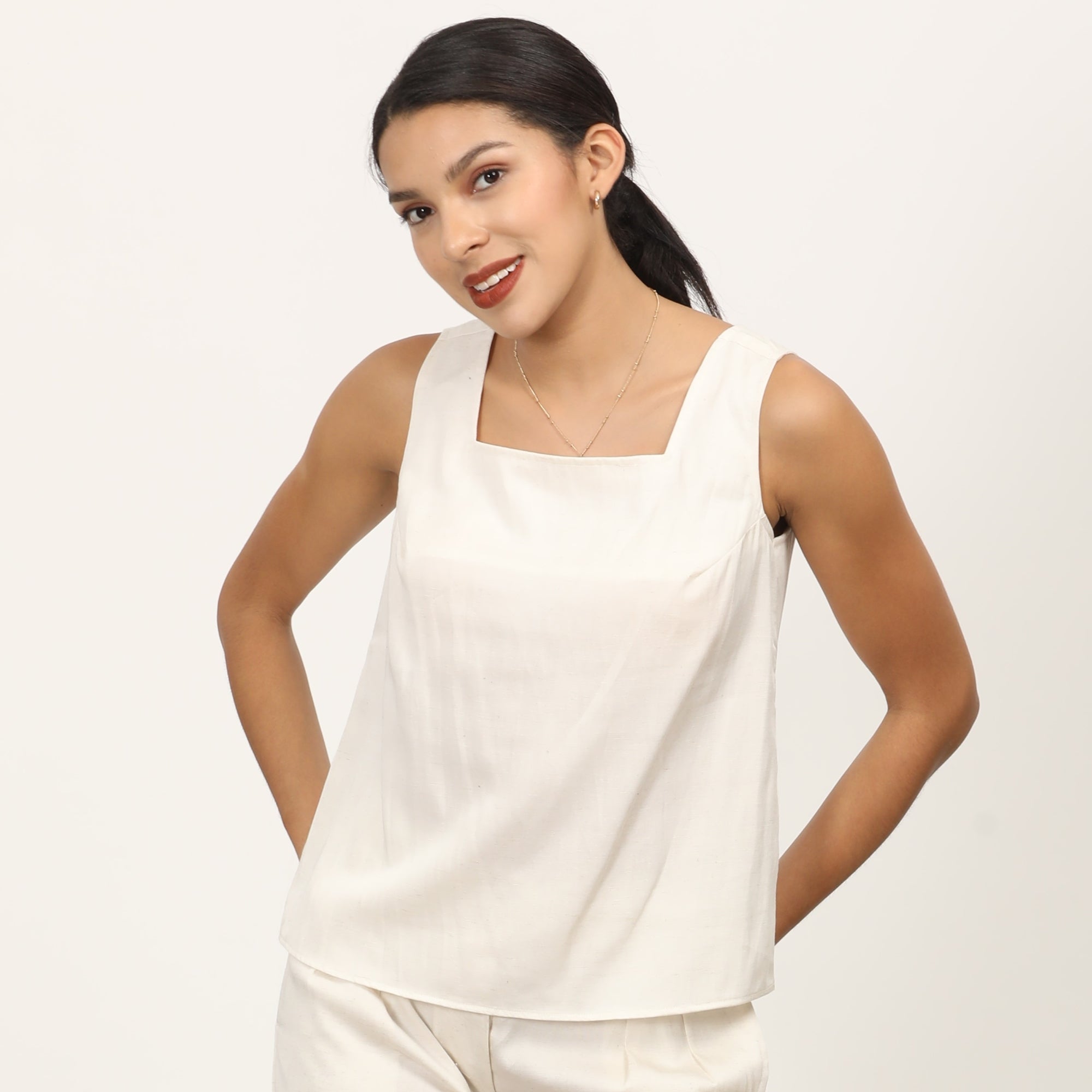 Ruth Co-Ord Set Of 2 - Square Neck Top & Pants - Ecru