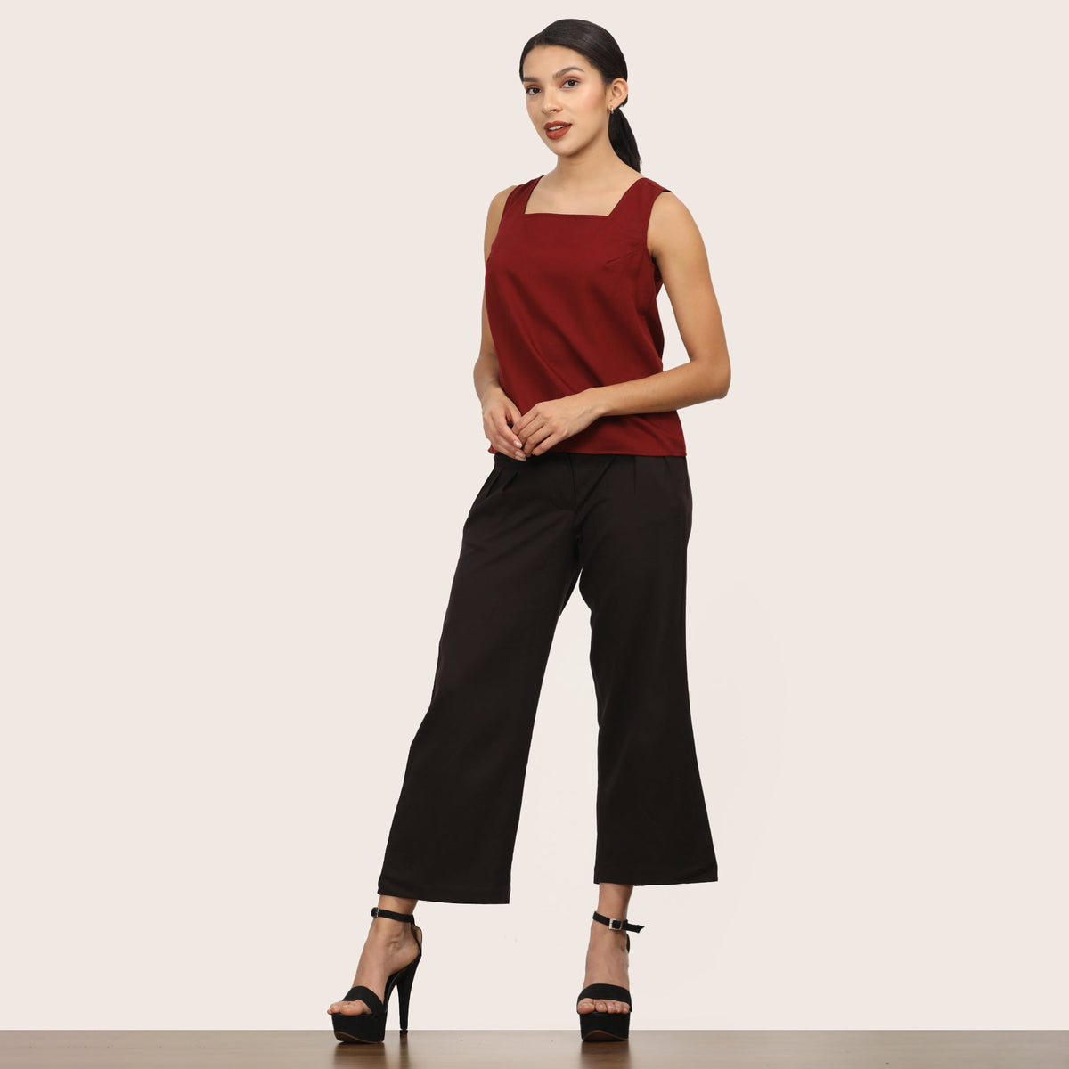 Ruth Co-Ord Set Of 2 - Square Neck Top & Pants - Maroon & Coffee